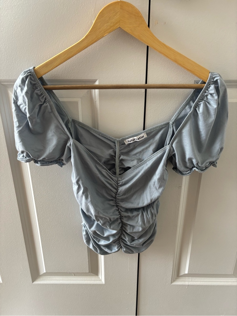 Reformation blue Ruched Puff Sleeve Top size small